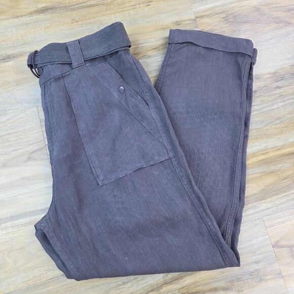 🔹️Tahari Gray Belted Linen High Waist Cuffed Ankle Pants Large - Picture 1 of 12